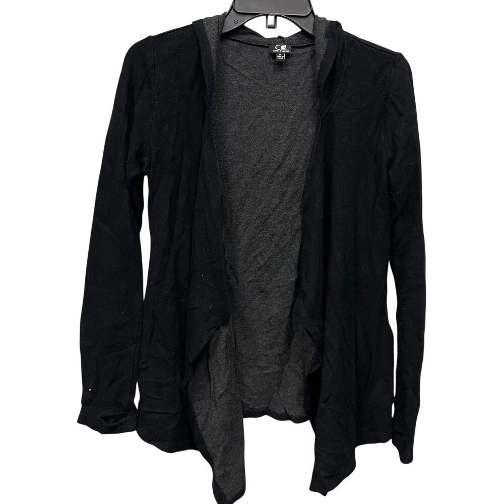 Cable & Gauge Womens Black Hooded Open Front Cardigan Thumbhole Sleeves Medium